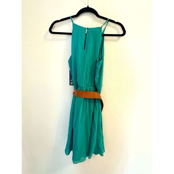 NWT BCX Juniors Women's blue/green Belted Pullover Chiffon Halter Fit & Flare Dr - Picture 9 of 13